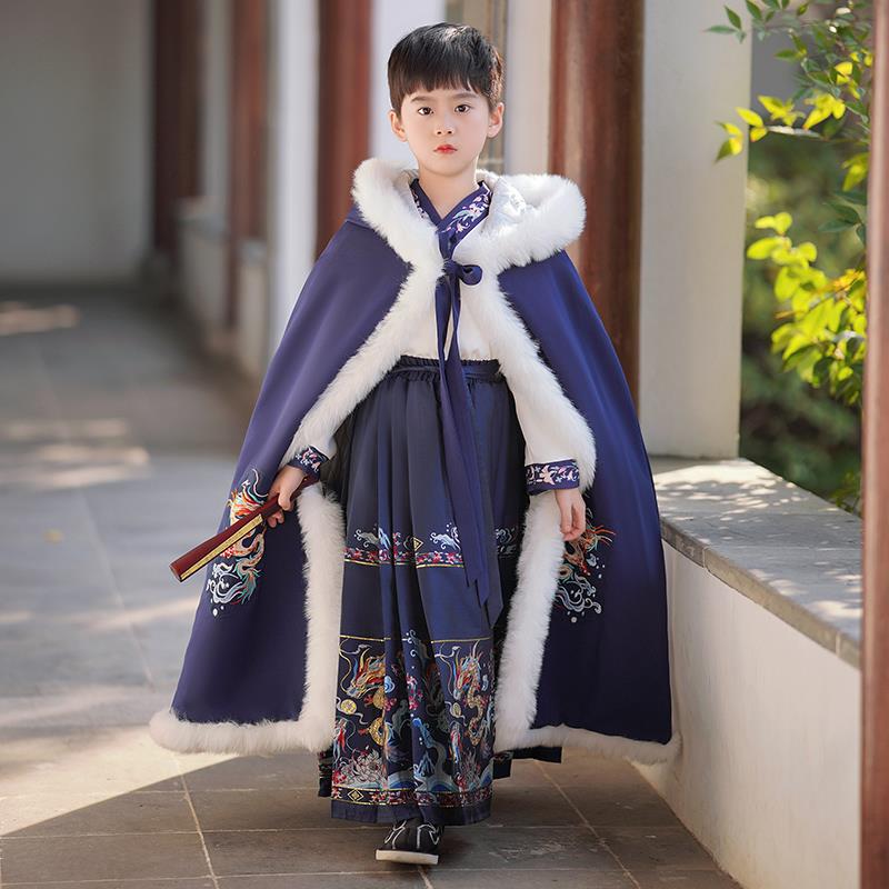 男童汉服冬季马面裙套装2024新款男孩秋冬款加厚儿童拜年服唐装