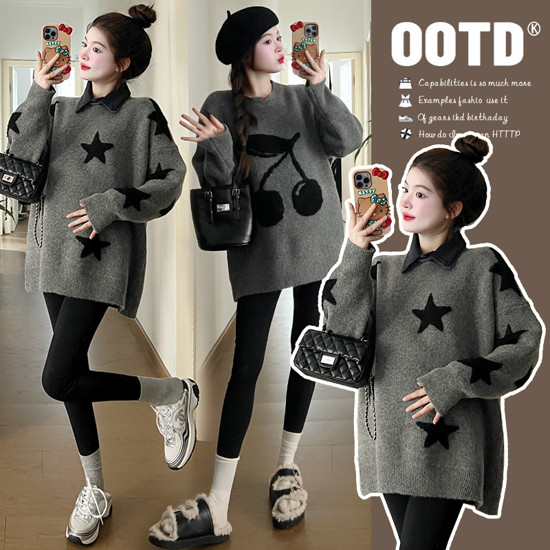 大码秋冬宽松慵懒风洋气时尚外穿软糯可拆卸衬衫领毛衣孕妇毛衣