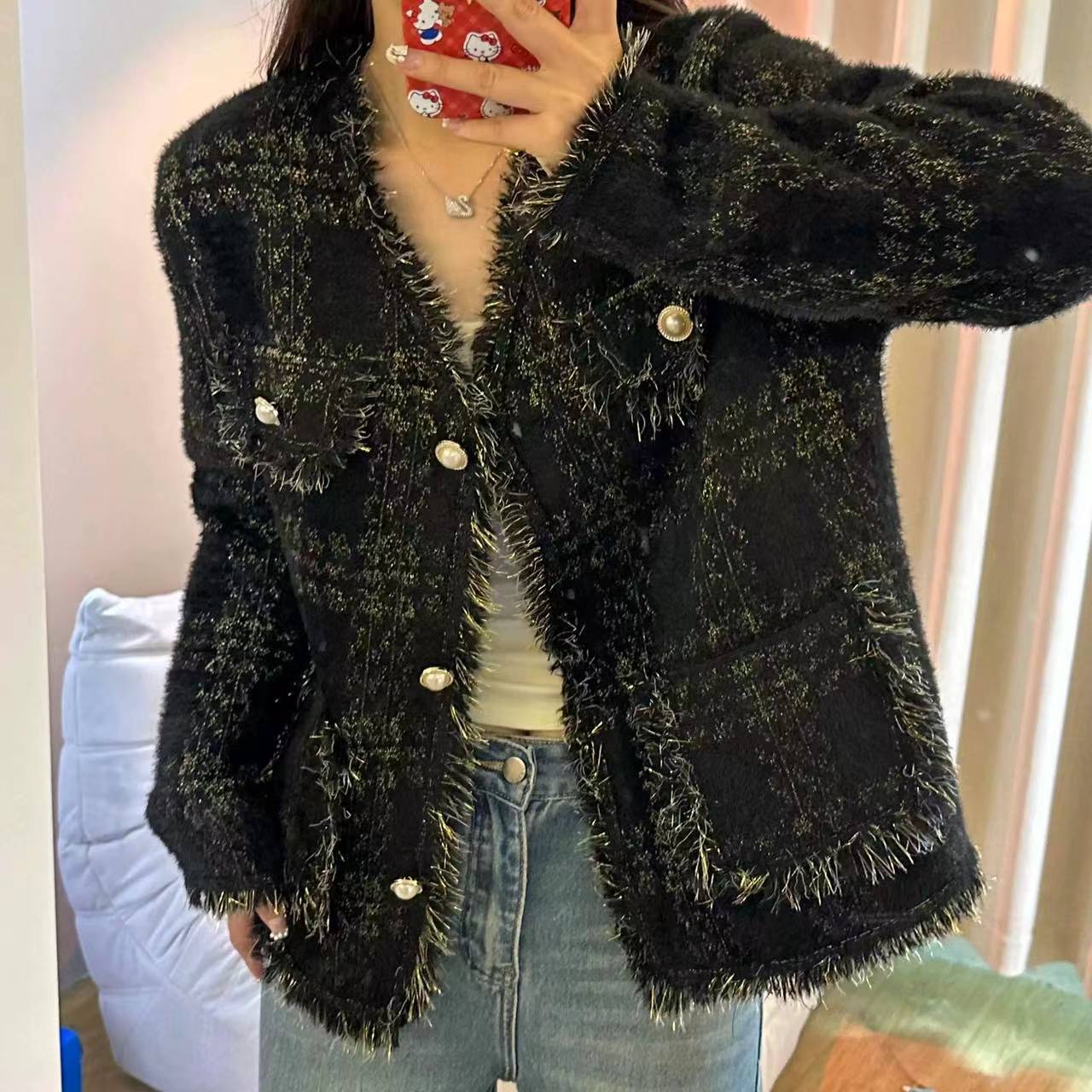  2165-1法式高级感小香风网红外套女百搭V领长袖针织开衫上衣