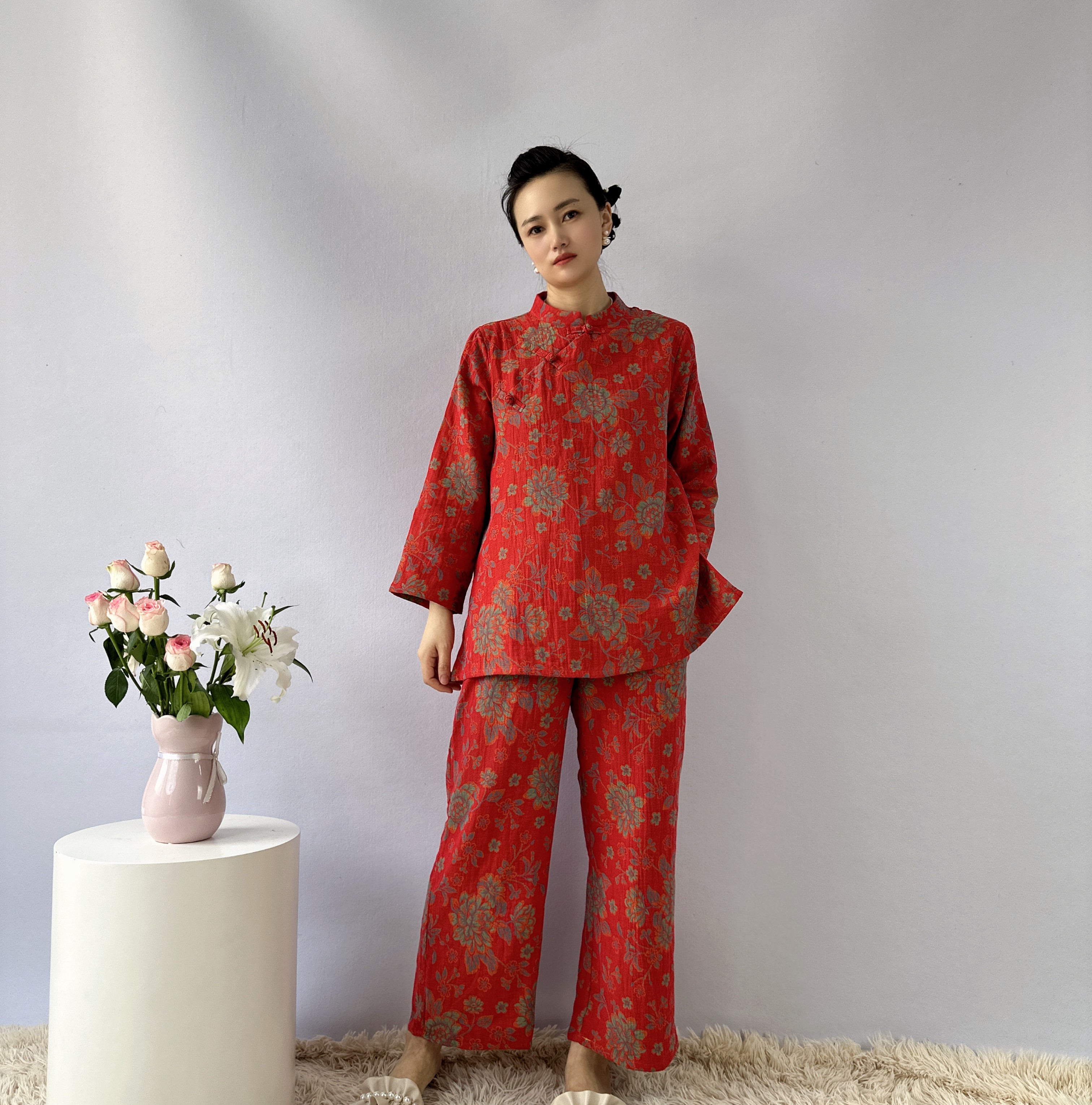 女士大提花双层纱中国红盘扣传统中国风睡衣家居服套装21214