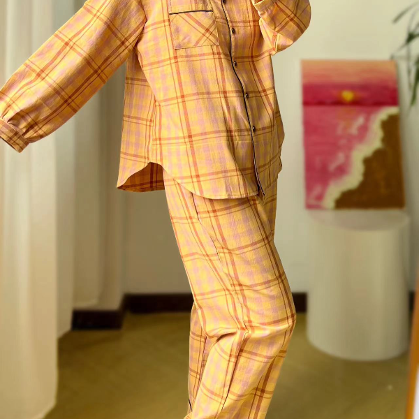 女士100%棉气质时尚休闲长袖简约大气四季款睡衣家居服套装21241