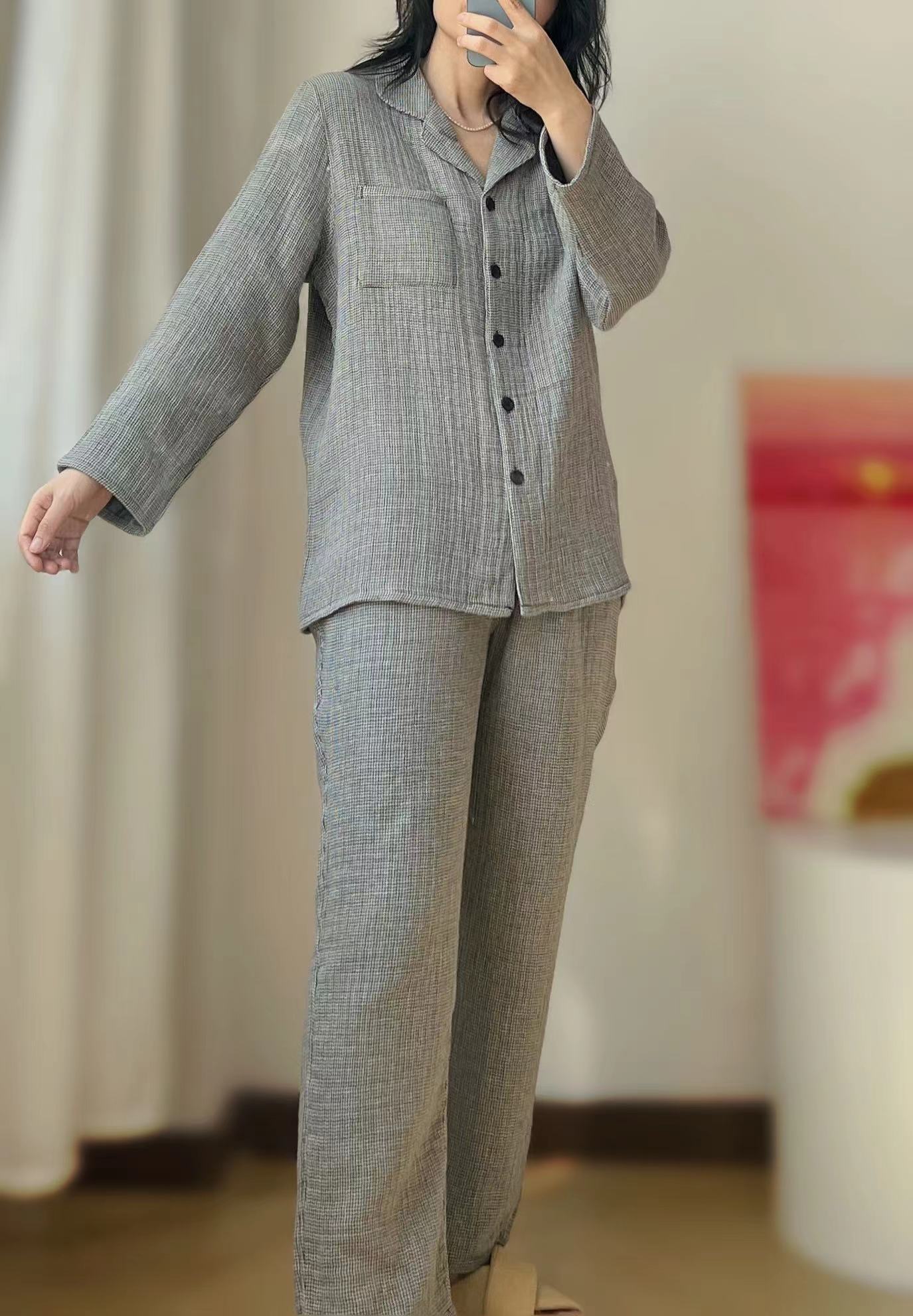 女士100棉大提花四层纱秋冬款裤兜版睡衣家居服保暖套装21237