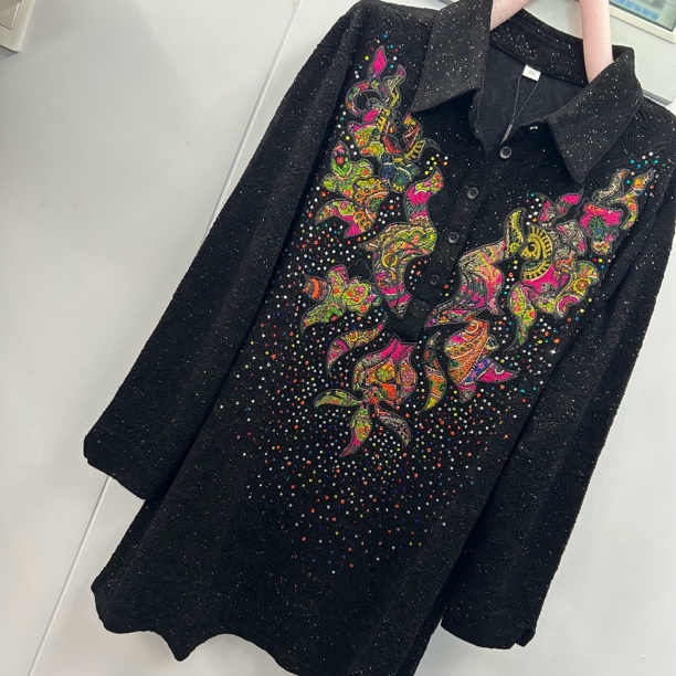 春秋冬大码女衫 弹力泡泡面料妈妈衫 刺绣镶钻套头衫128