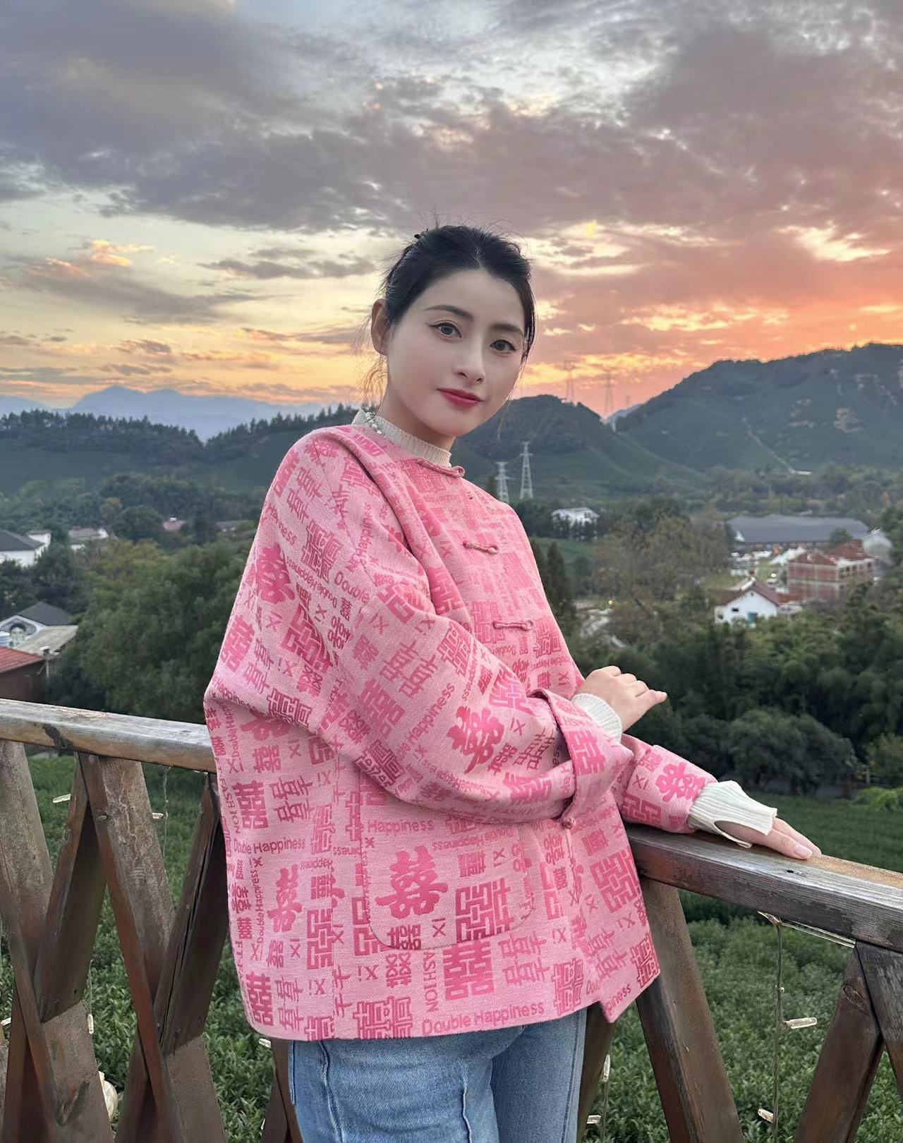 山水一色  中式唐装  喜喜锦缎