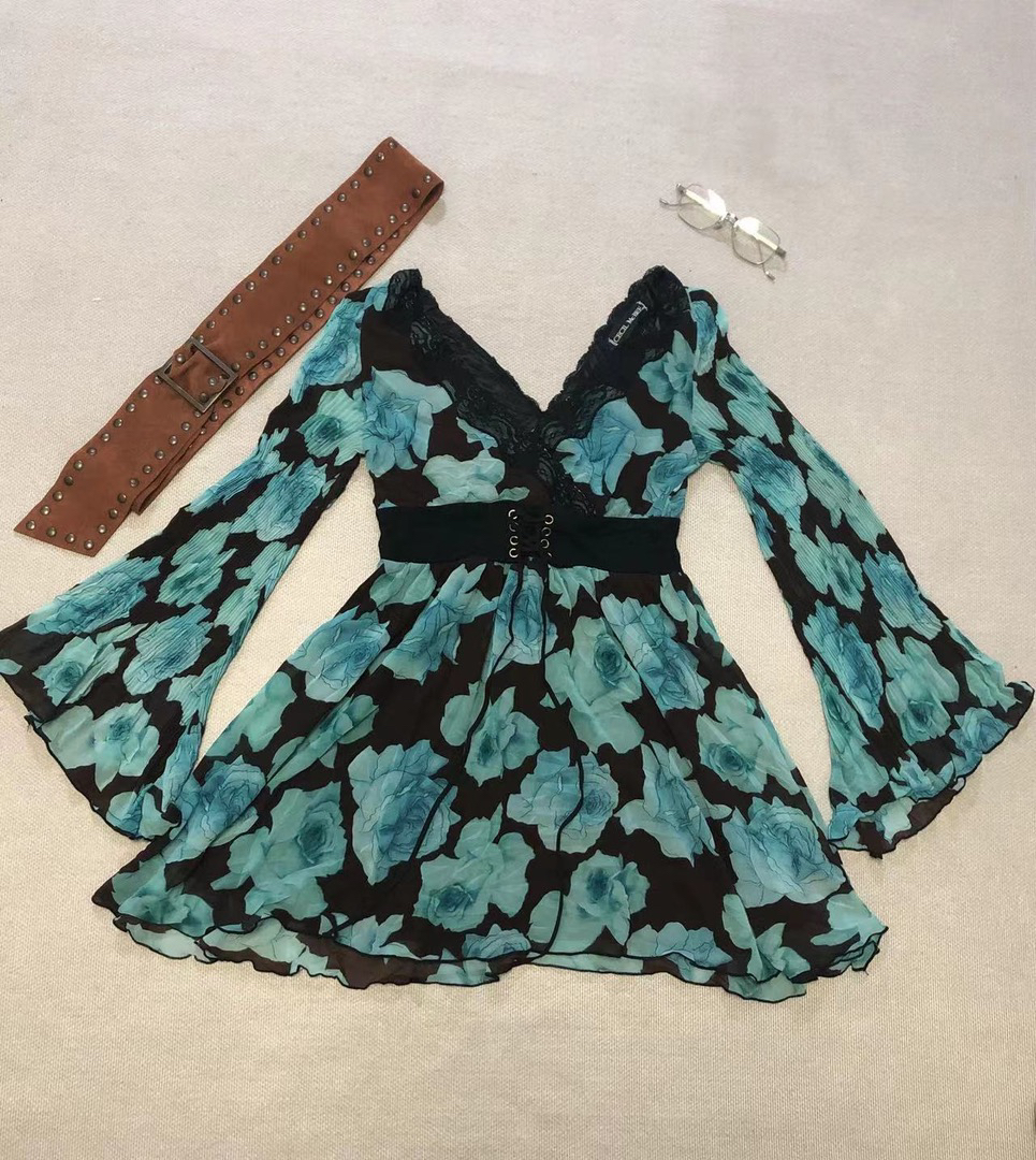 古着vintage连衣裙 上衣气质收腰欧美长袖显瘦