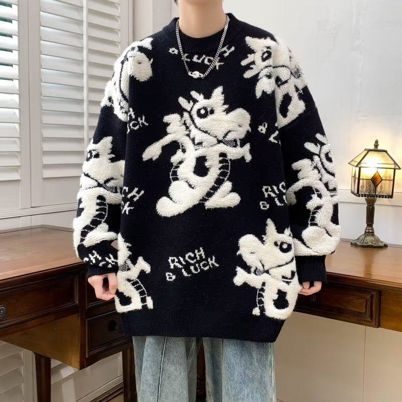 国风潮牌毛衣男女慵懒风新年针织衫宽松长袖毛衫情侣线衣外套百搭