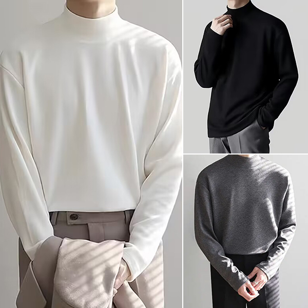 男士一体双面德绒秋冬保暖白色内搭打底衫半高领纯色休闲长袖T恤
