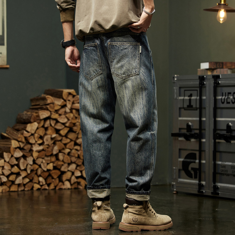 美式复古牛仔裤男士宽松直筒长裤春季新款高街潮牌阿美卡叽工装裤