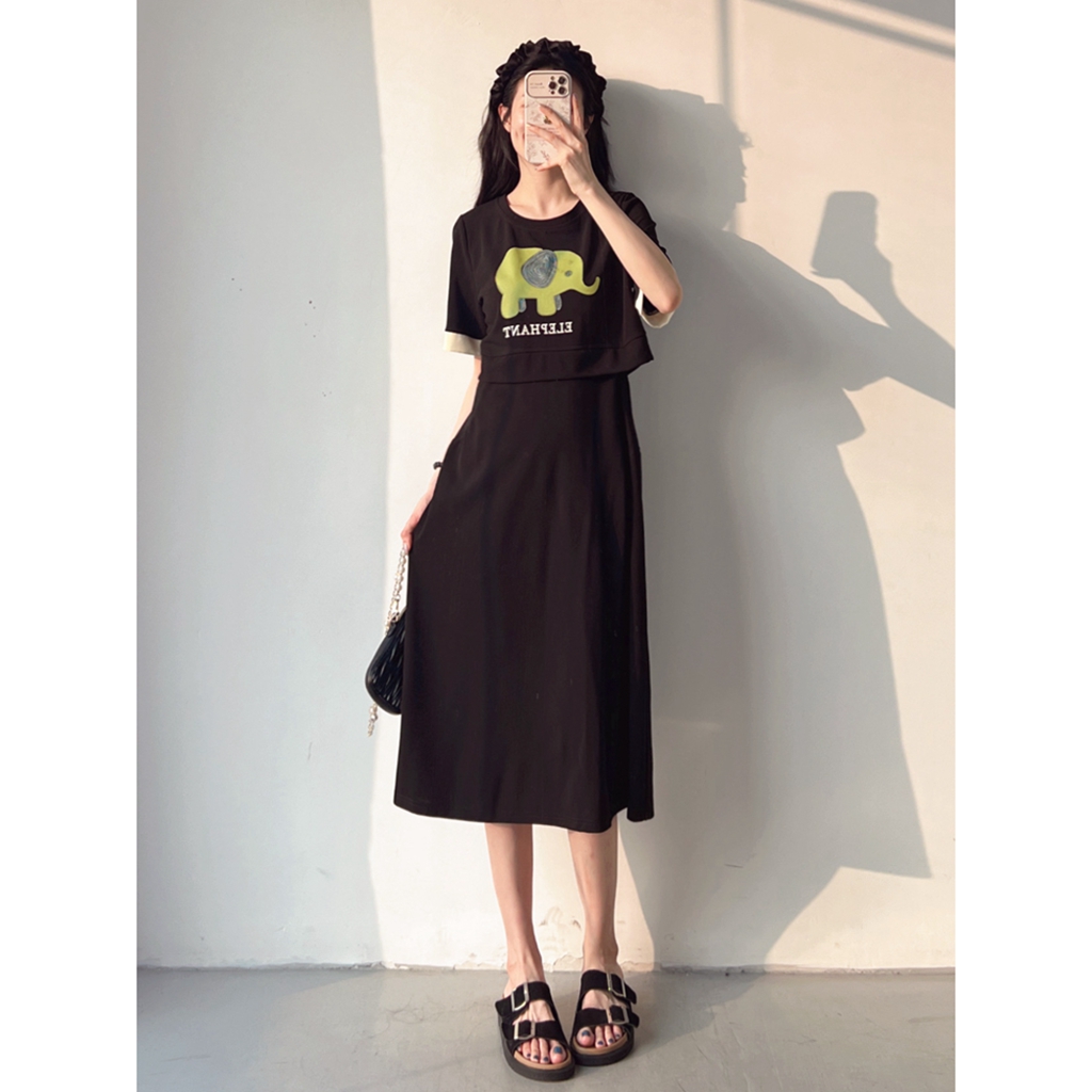 【快乐小象】胖mm大码连衣裙女2024年新款夏季通勤风收腰遮胯长裙LY