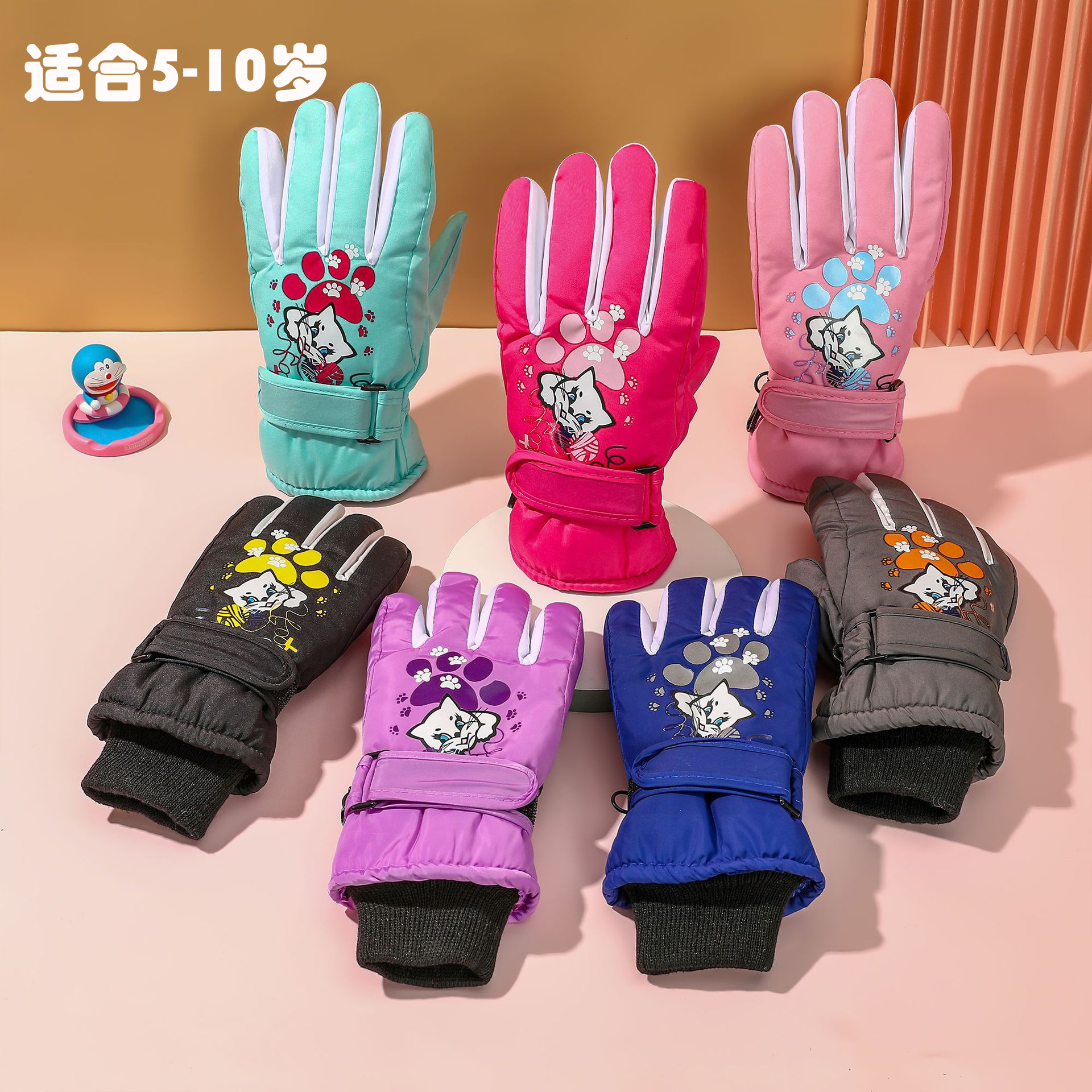 【2元包邮】青少年儿童滑雪手套小猫印花针织防风袖口加绒加厚保