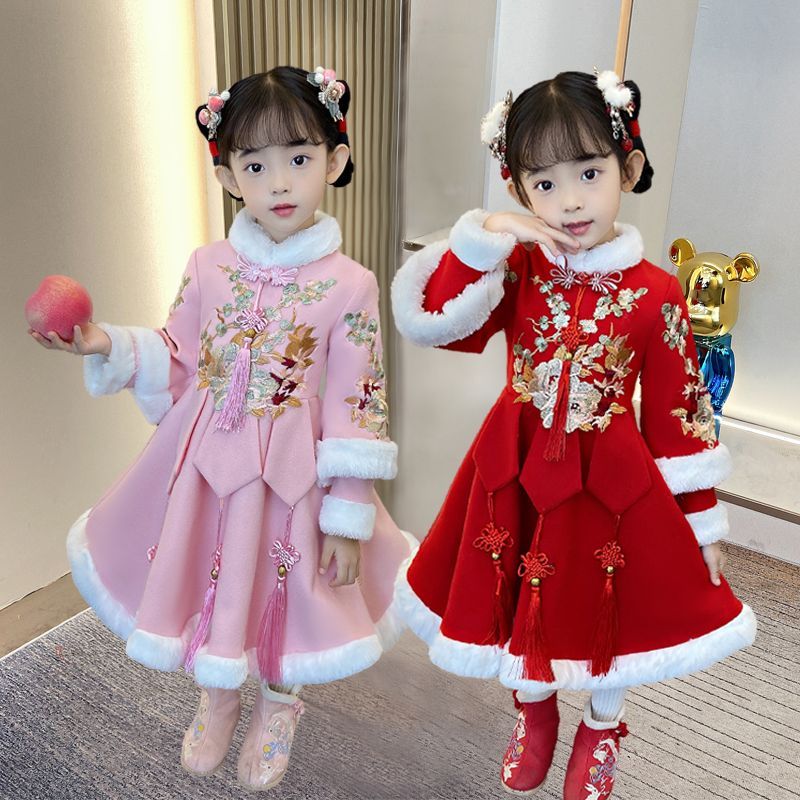 儿童加绒汉服拜年服女童汉服喜庆女童公主裙秋冬洋气装古装加厚