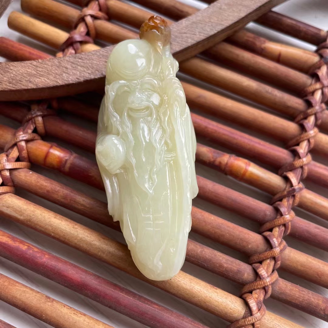 黄白河磨玉寿星挂件吊坠手把件天然玉石巧色巧雕