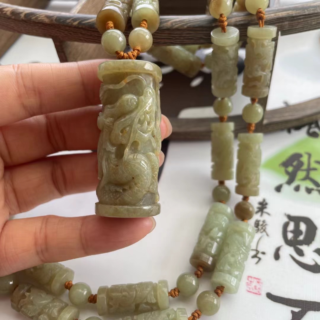 和田玉龙柱配龙柱项链一套天然玉石手工男士挂链（多样式发货）