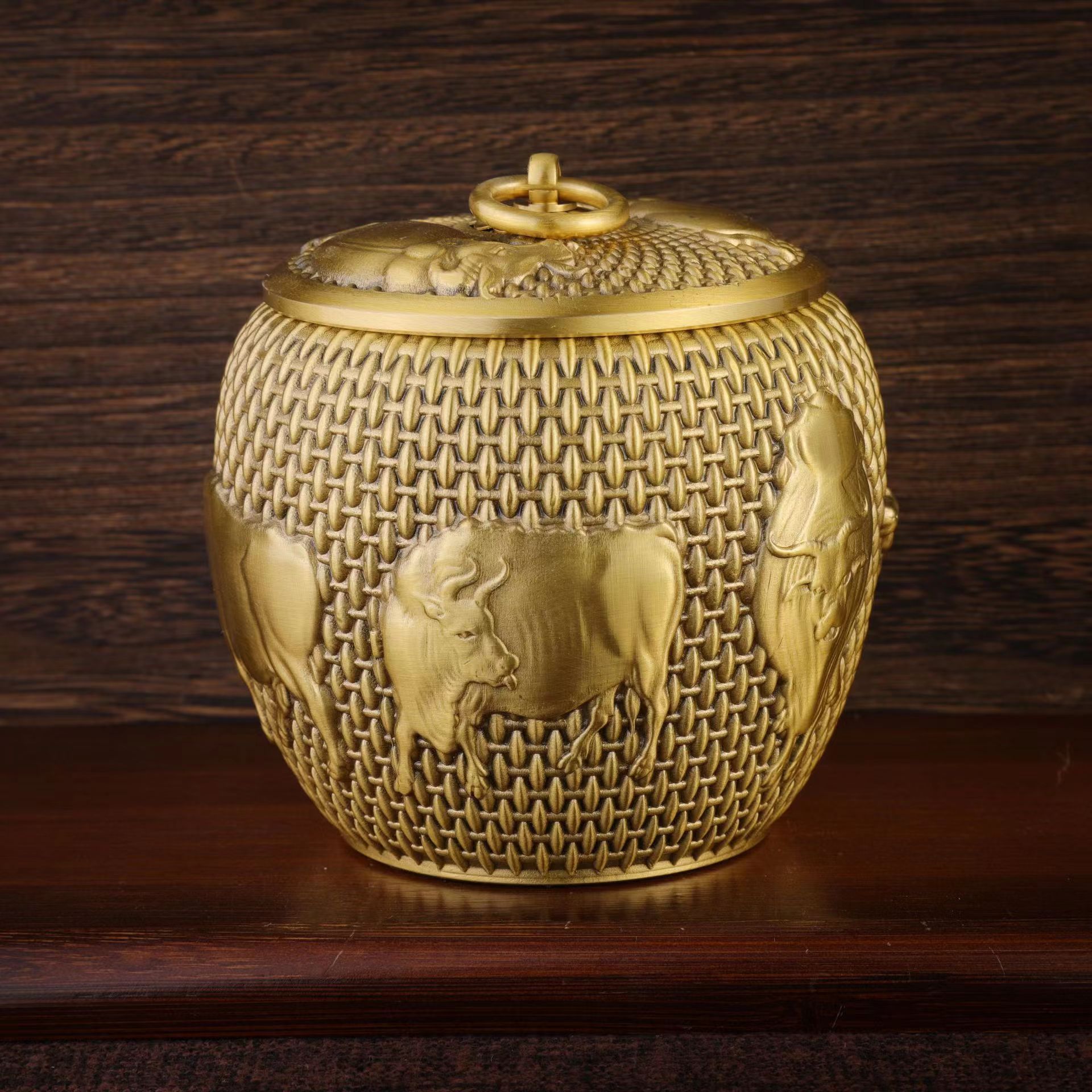 黄铜工艺品五牛茶叶罐摆件办公室桌面创意大小黄铜储藏罐铜工艺品