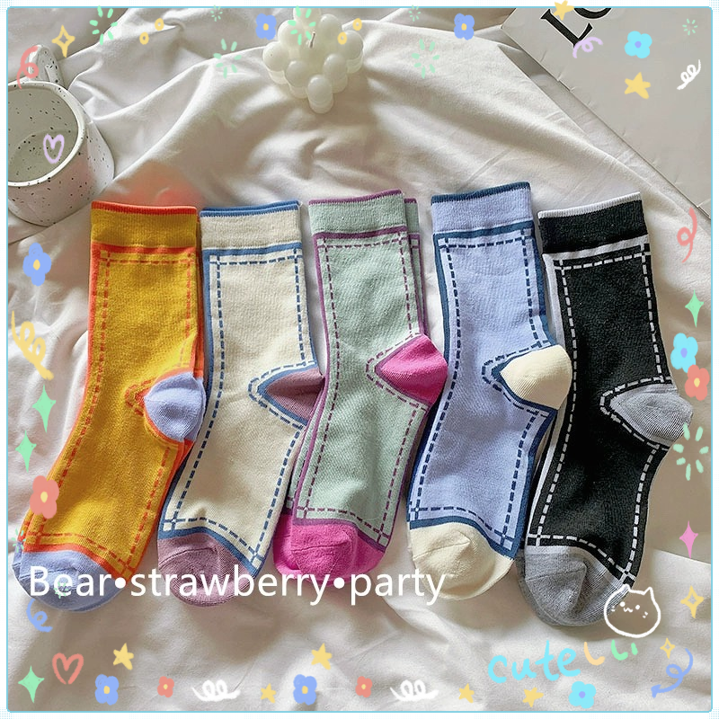 新款撞色时尚韩国袜子女东大门彩跟中筒袜新款女士明线长筒堆堆袜