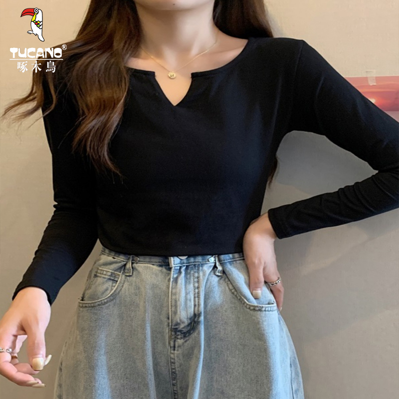 啄木鸟秋季薄款长袖t恤女宽松遮肚子上衣V领显瘦百搭小衫内搭外穿