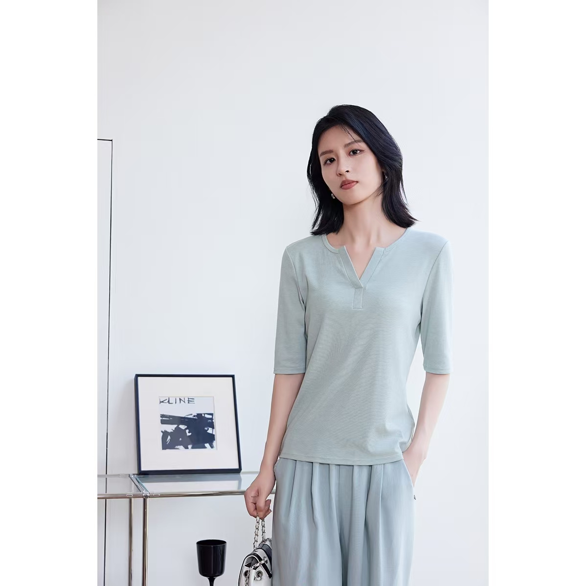 【奥地利兰精莱赛尔天丝】中袖针织衫女士打底衫显瘦百搭纯色T恤衫