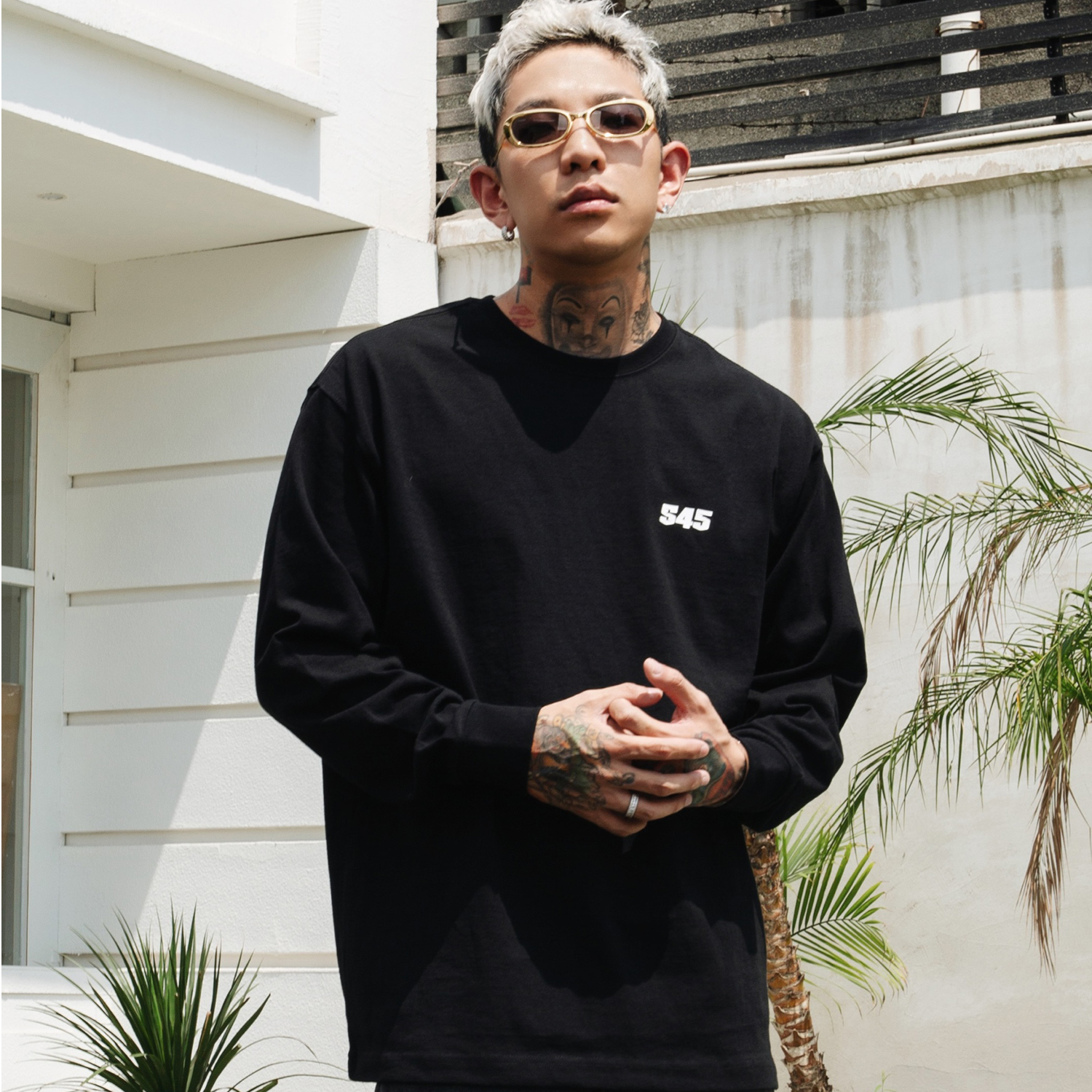 S45圆领纯色长袖男女宽松休闲情侣百搭印花基础T恤(尺码随机