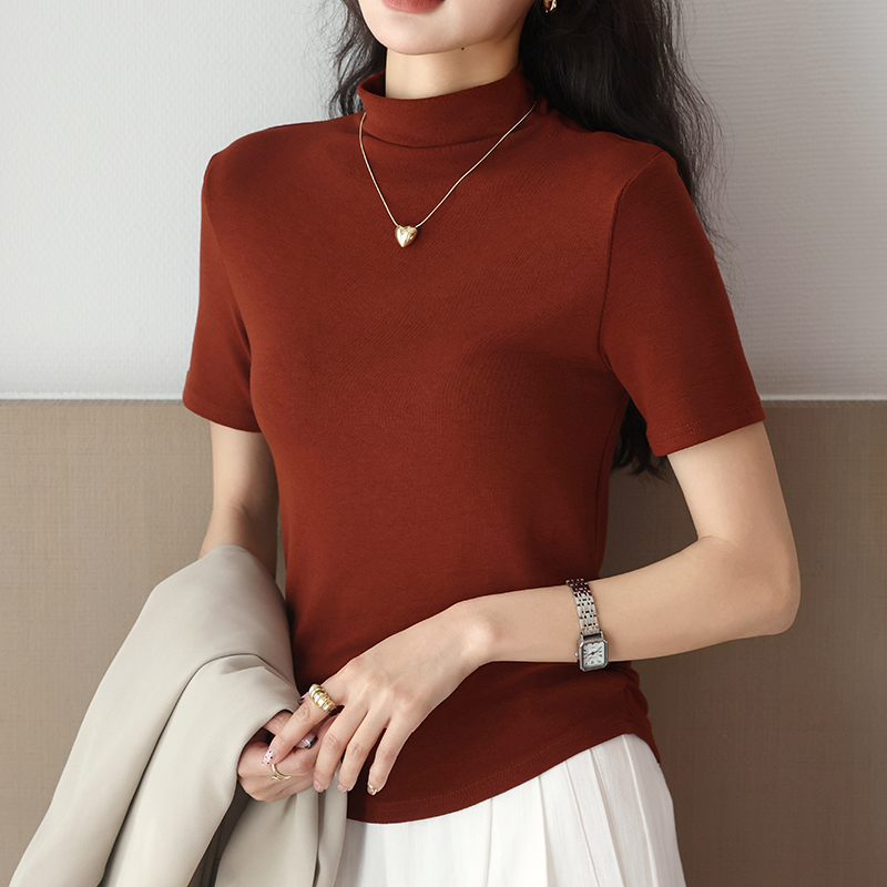 醉梓菡收腰短袖女春秋内搭中领打底衫显瘦t恤韩版百搭外穿上衣