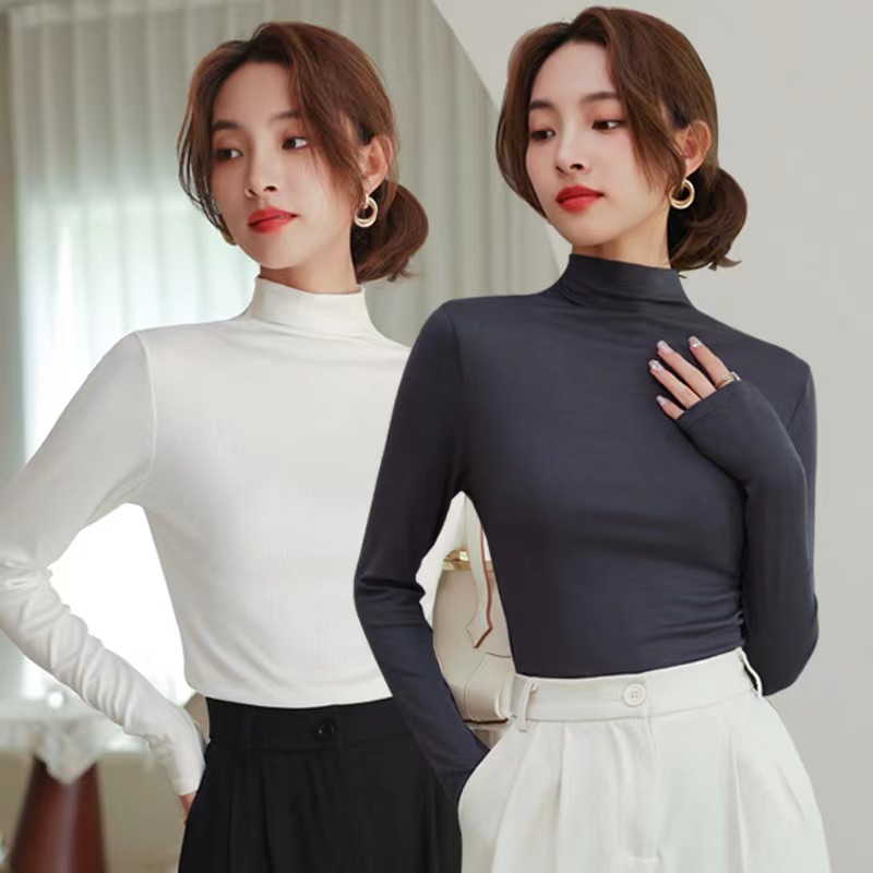 醉梓菡半高领打底衫女春秋内搭修身韩版纯色半高领长袖上衣百搭