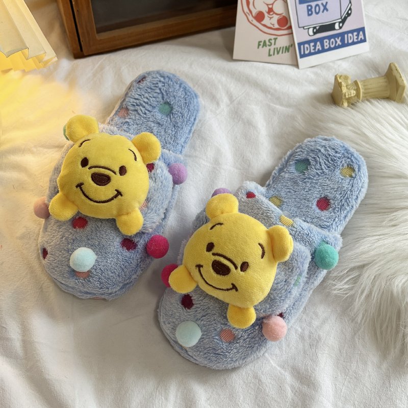 敲甜卡通可爱甜美维尼熊棉拖鞋秋冬少女心彩球居家包头鞋防滑轻便