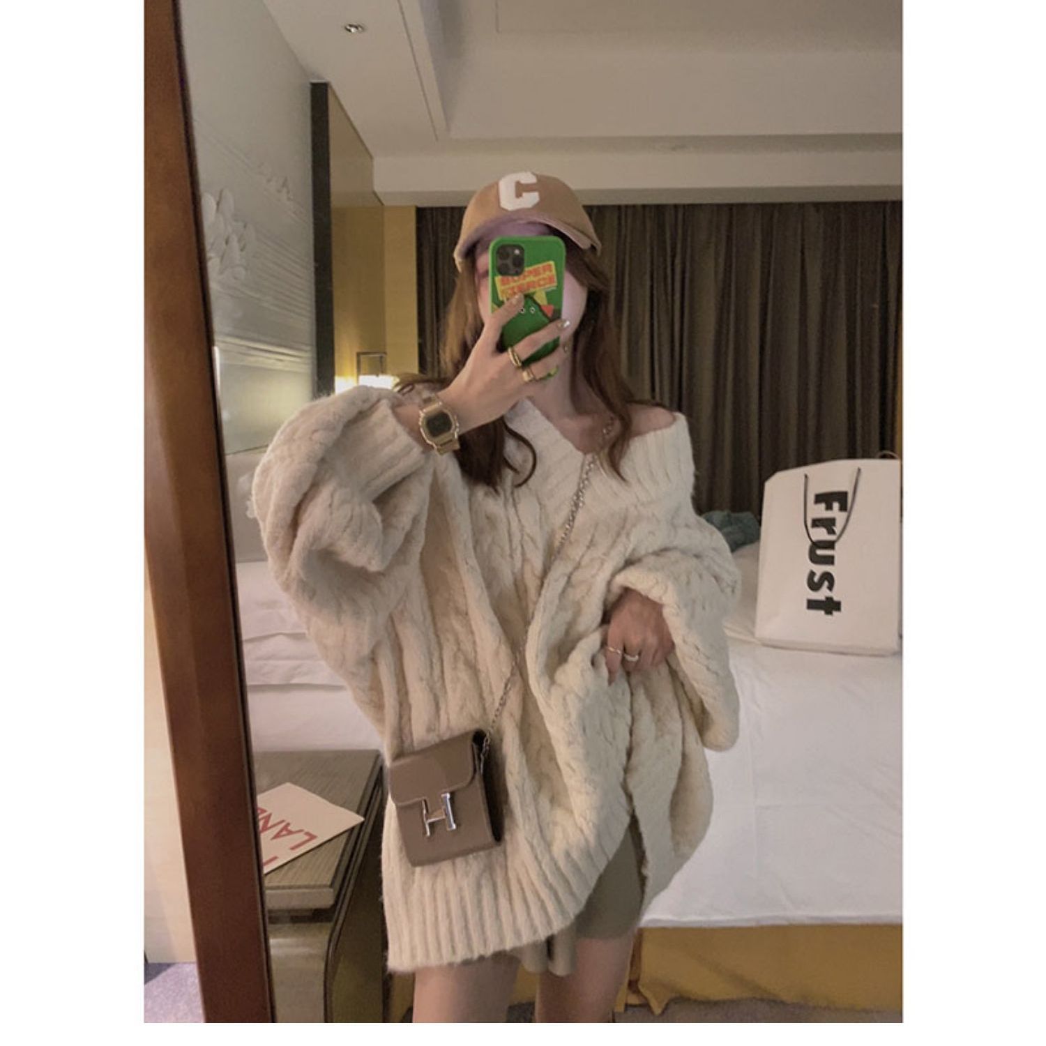 法式V领麻花毛衣女2023年新款加厚宽松慵懒风软糯针织衫春秋上衣