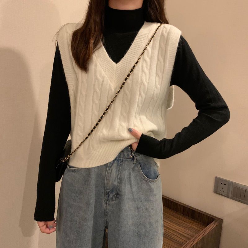 外穿百搭韩版马夹洋气质春秋v领宽松女学生上衣毛衣针织马甲背心