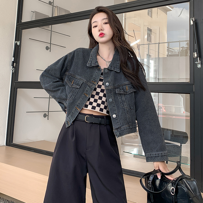 牛仔外套女小个子做旧黑色短款高档外套春秋百搭港味牛仔