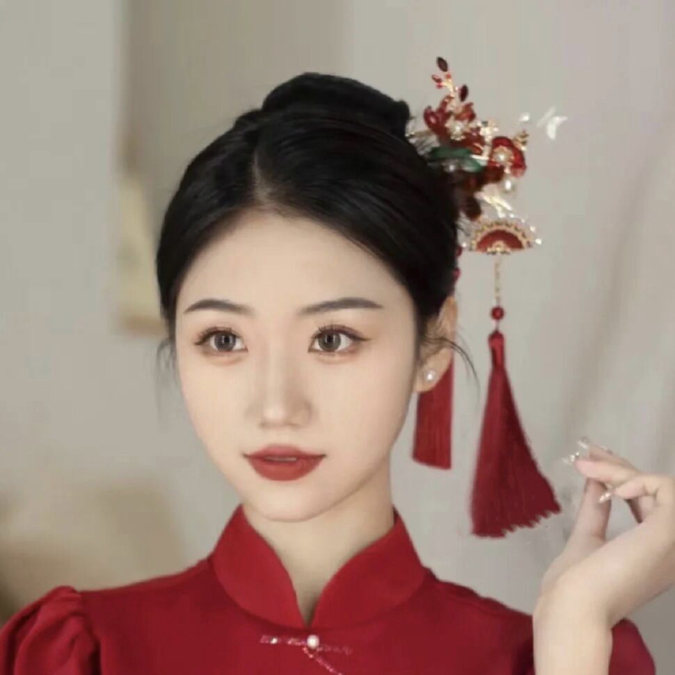 【新品上市】红色绒花流苏新中式秀禾头饰新娘民族风步摇汉服婚嫁