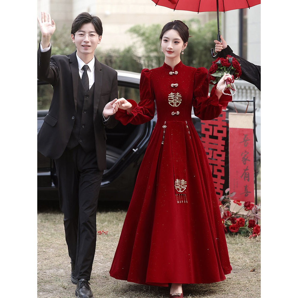 【新品上市】中式敬酒服新娘结婚礼服女红色丝绒订婚连衣裙大气长