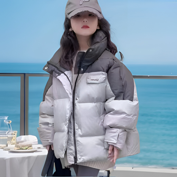 8009韩版冬季儿童时尚潮流百搭休闲个性拼色字母连帽羽绒服