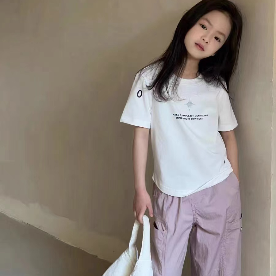 7028韩版2024夏季儿童时尚百搭潮流宽松白色/黑色克罗心短袖