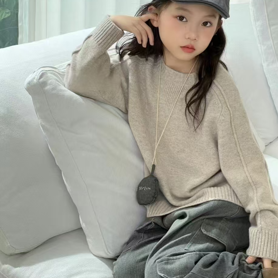 8188韩版2024冬季儿童燕麦色/米色/黑色/粉色/灰色羊毛混纺毛衣