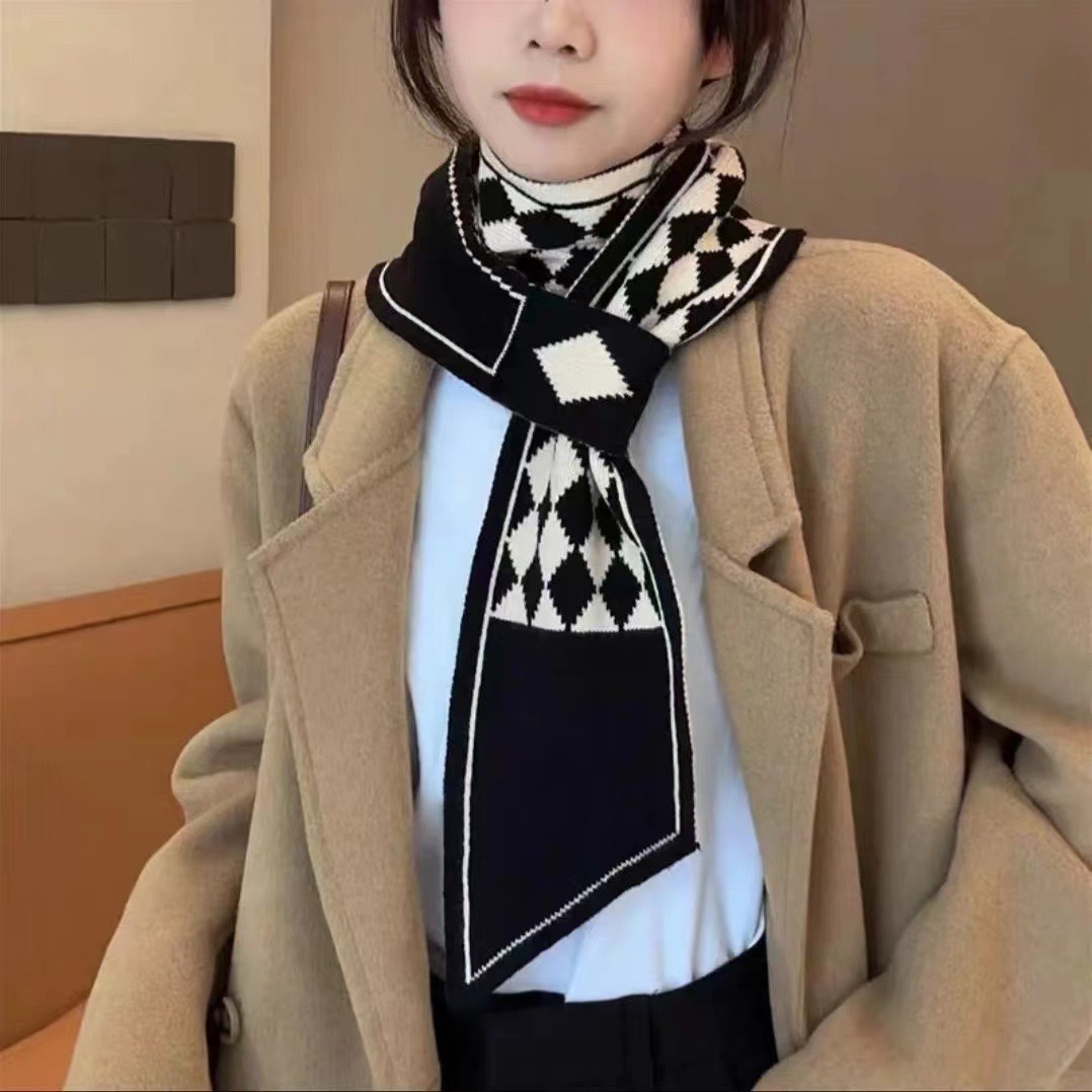 秋冬新款毛毛围巾女韩国小耳朵护颈千鸟格窄围脖小长条针织小围巾