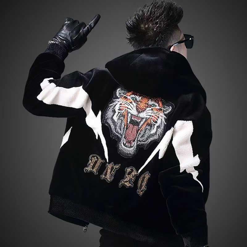 秋冬轻奢潮牌丝绒烫钻虎头时尚连帽外套