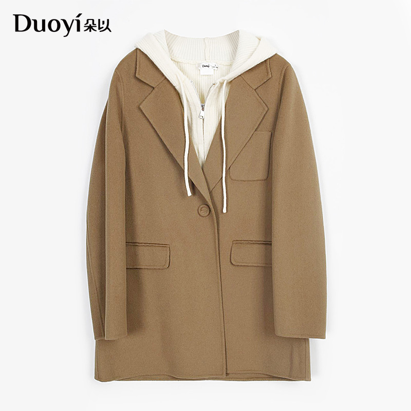 朵以2024冬款西装领毛呢连帽针织双面呢大衣短款两件套38DD730136