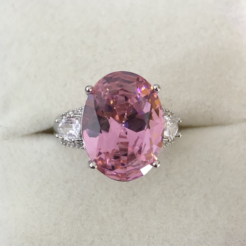 1124粉色钻戒指银色培育托开口可调节精选气质款