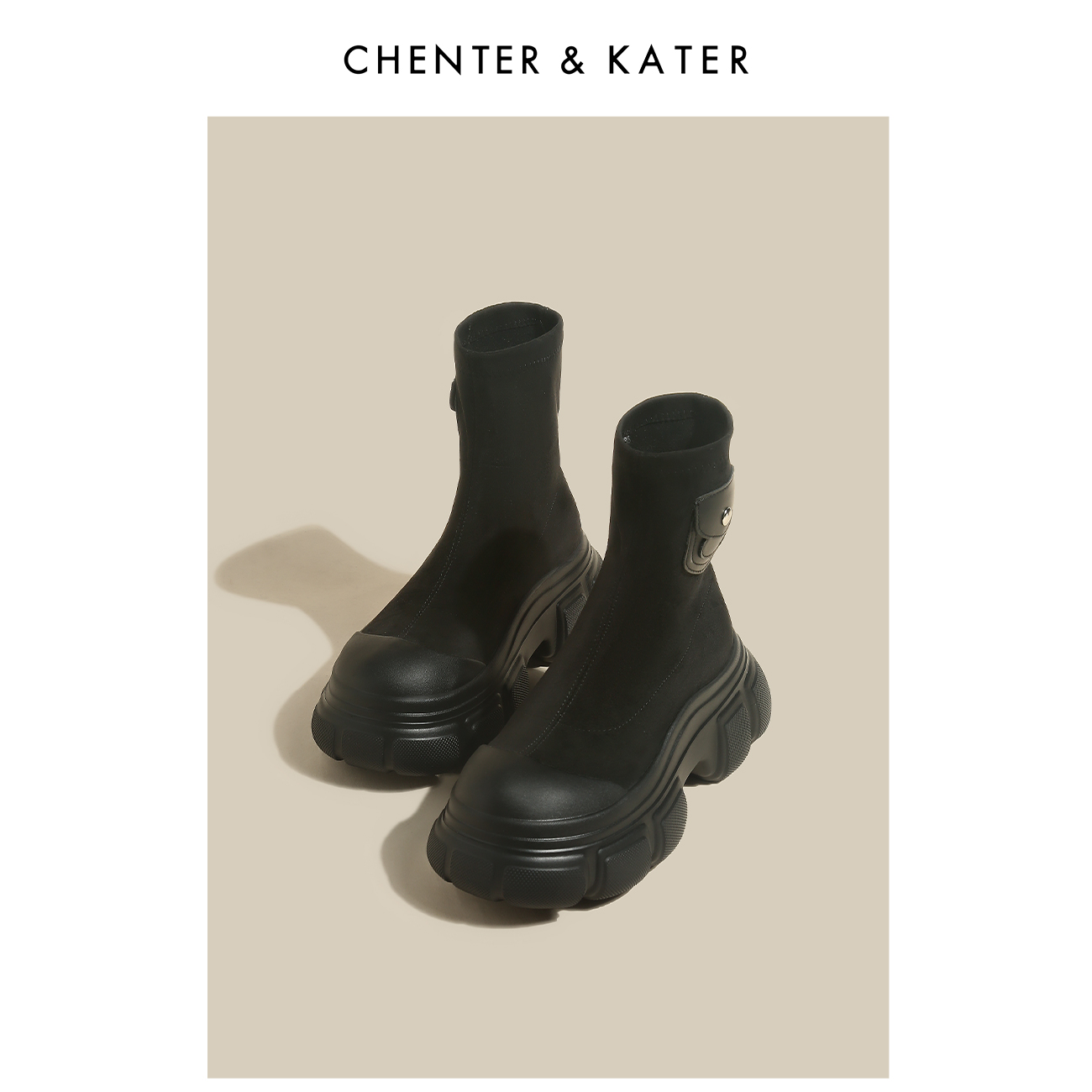 CHENTER&KATER瘦瘦靴 2023秋季新款时尚百搭黑色圆头高跟弹力靴女