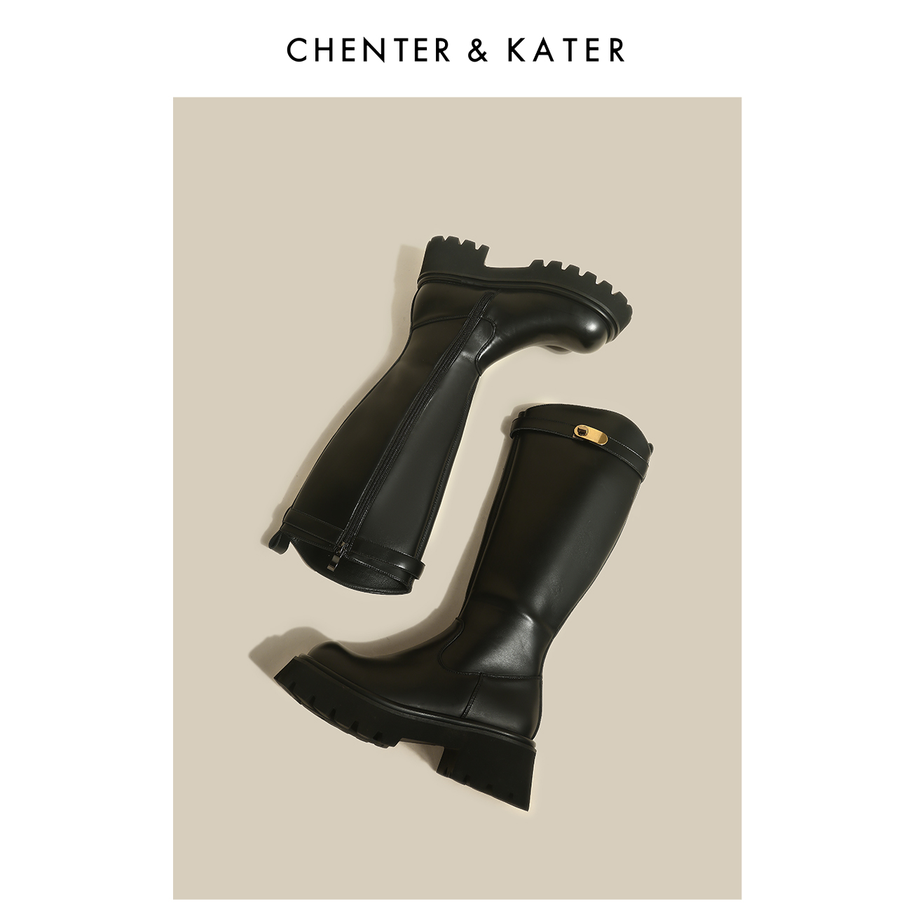 CHENTER&KATER长筒靴 2023新款秋冬英伦真皮增高圆头高跟骑士靴女