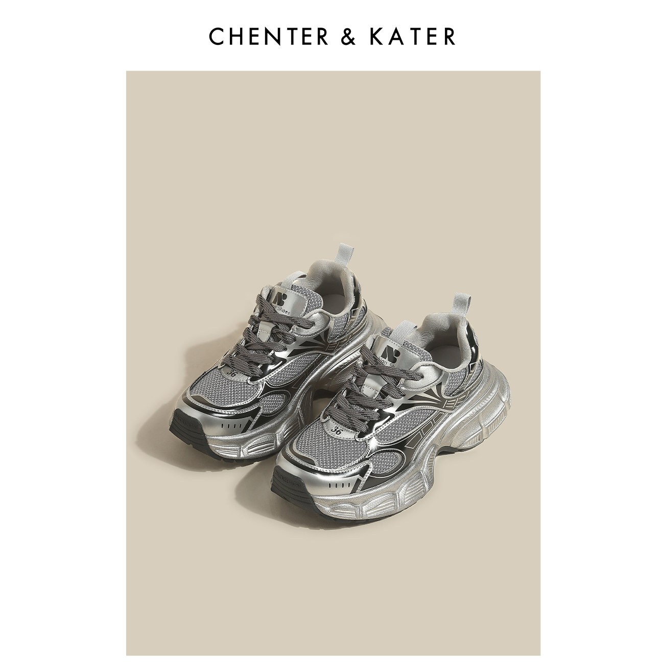 CHENTER&KATER运动鞋 2024新款透气网面拼色圆头厚底老爹鞋女
