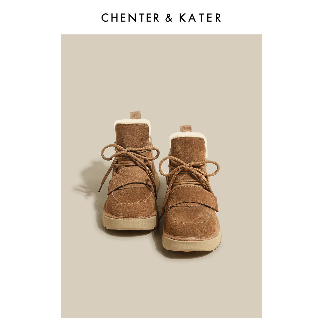 CHENTER&KATER雪地靴厚底加绒保暖魔术贴丑萌面包棉靴短筒靴女冬
