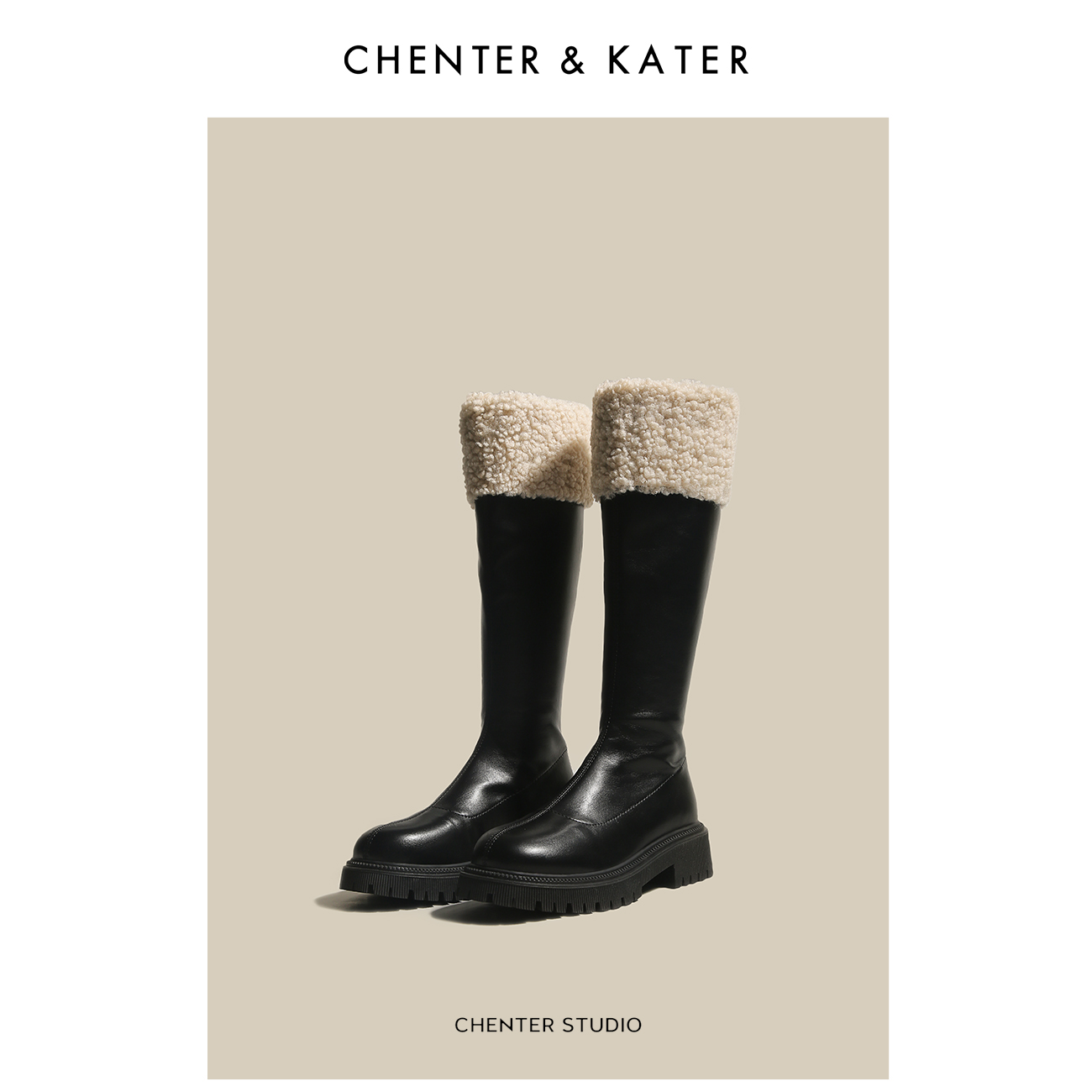 【王瑞子】CHENTER&KATER长筒靴女厚底粗跟加绒不过膝骑士靴女秋冬