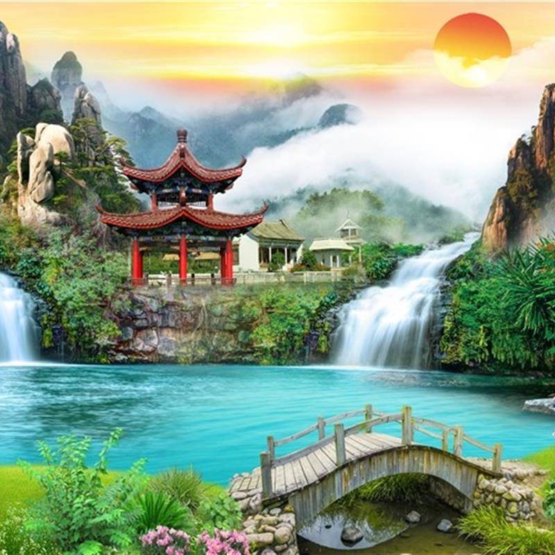 仙堂山水画堂口背景流水生财人间仙境亭子小桥流水客厅沙发装饰画