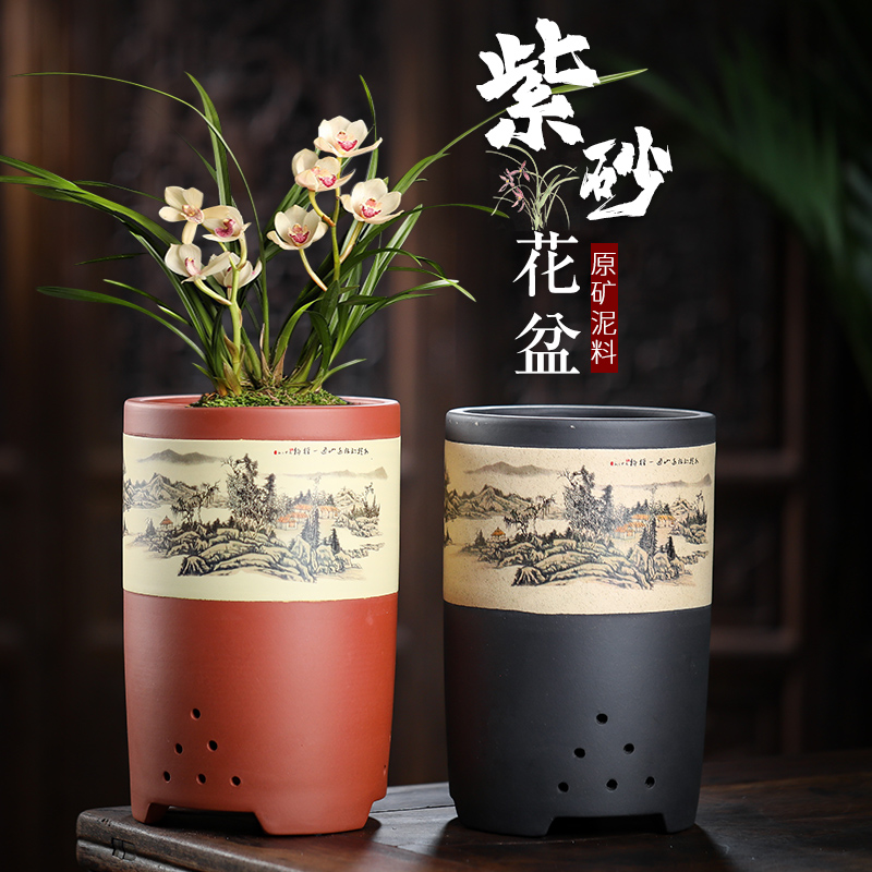 高筒花盆宜兴紫砂上秞多肉老桩笔筒状签筒兰花盆悬崖式盆景花盆