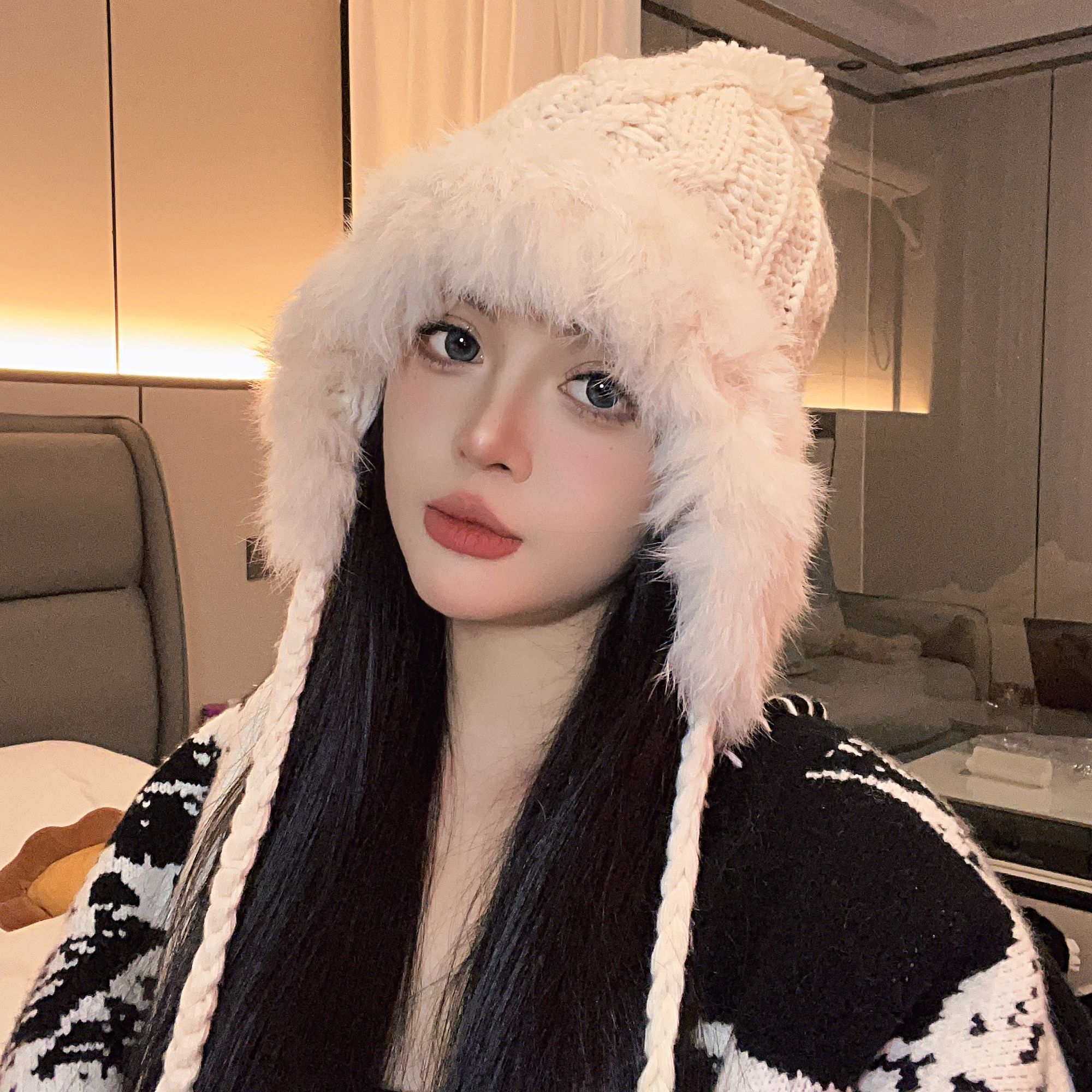 明星同款兔毛针织雷锋帽女冬加绒加厚保暖甜美可爱包头护耳毛线帽