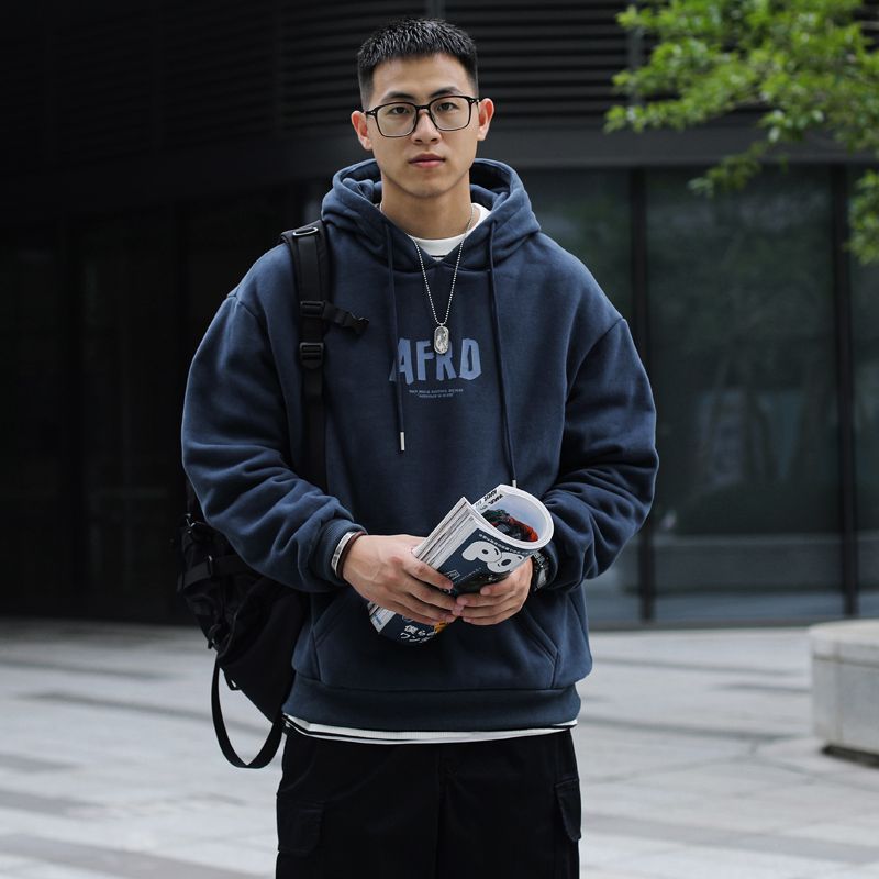 秋冬款加绒加厚美式复古卫衣男港风连帽宽松潮流百搭外穿ins帽衫