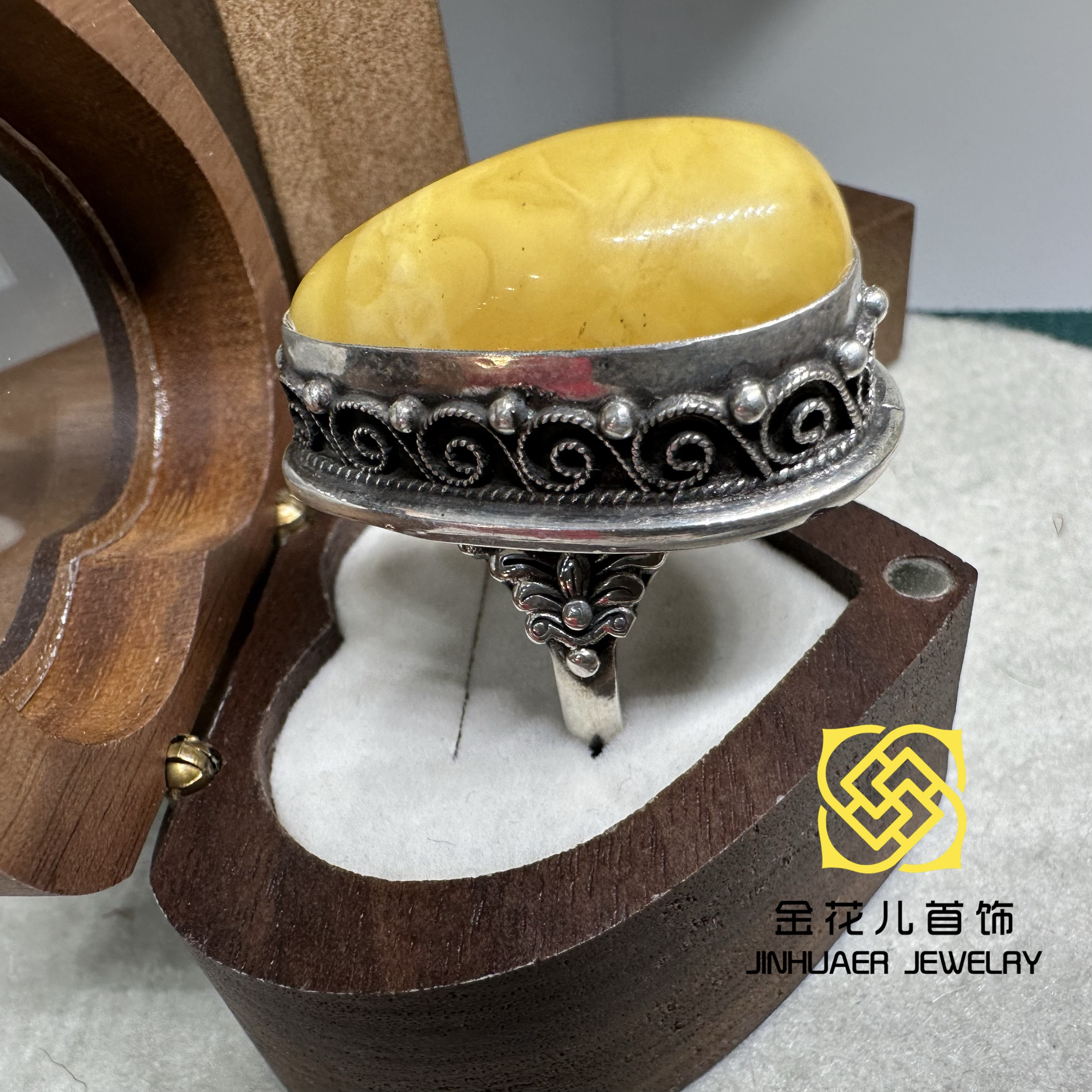 足银戒指 足银蒙古元素原创黄蜜蜜戒指复古纯手工民族风时尚雕刻