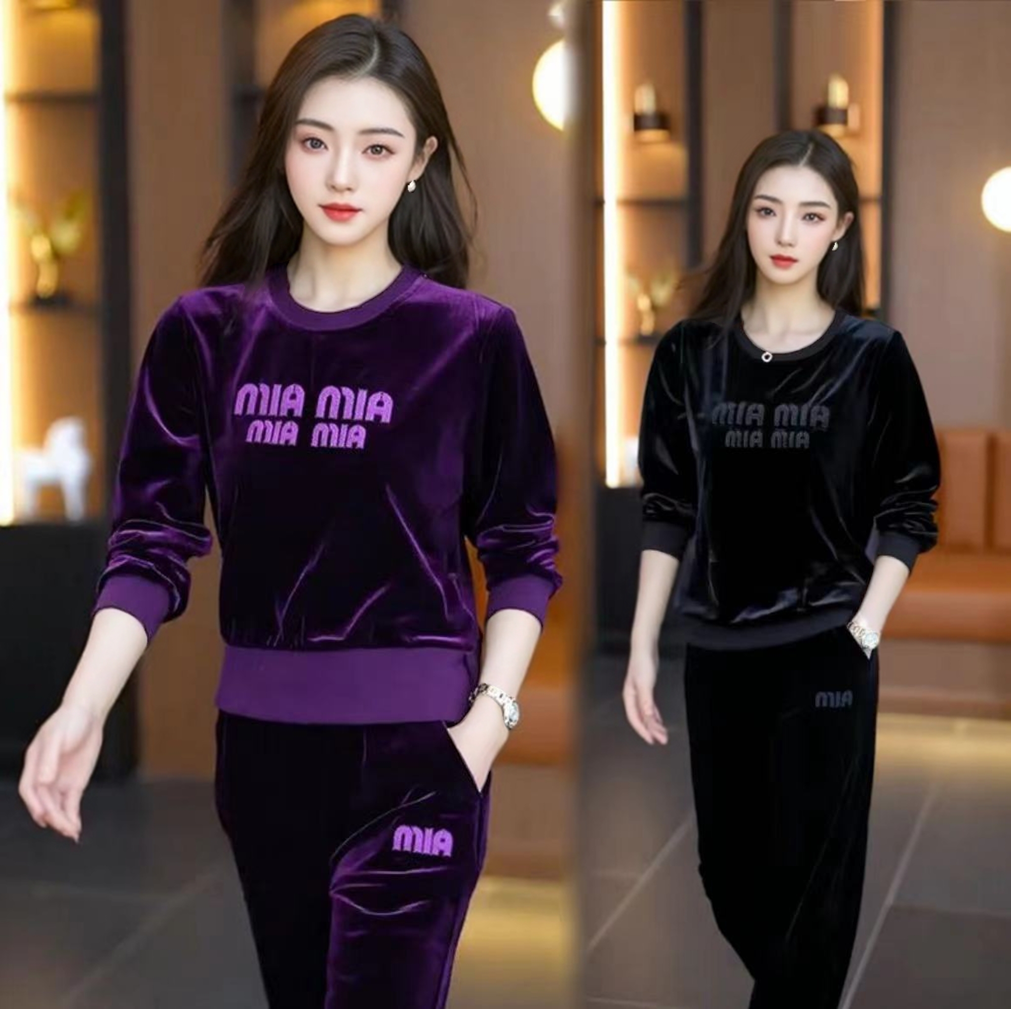 金丝绒运动服套装女春秋新款高贵洋气圆领刺绣卫衣时尚休闲两件套