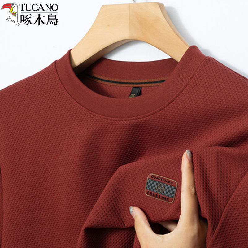 啄木鸟高档提花圆领卫衣男士春秋新款潮流纯色休闲长袖t恤衫上衣