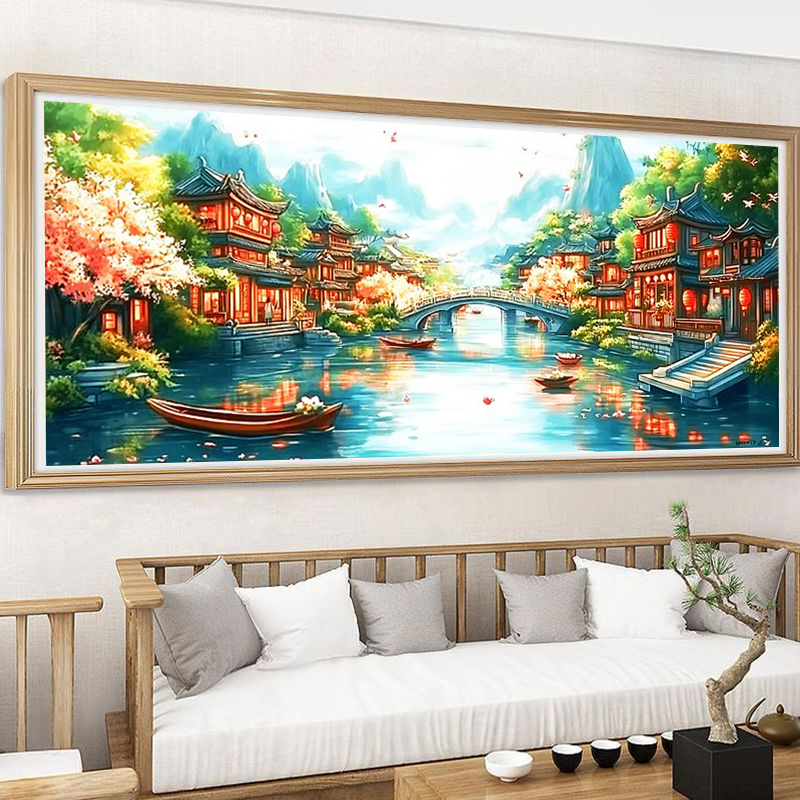 江南水乡十字绣2024新款客厅风景山水画忆江南简约现代手工刺绣